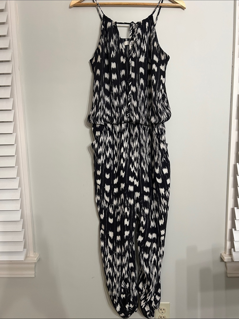 Parker Black & White Printed Spaghetti-Strap Jumpsuit-100% Silk